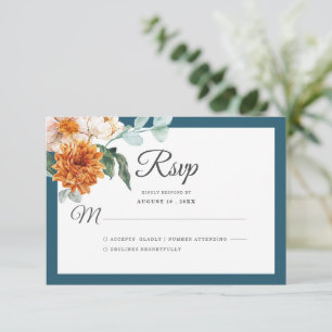 Rustic Teal Blue Burnt Orange Floral Fall Wedding RSVP Card