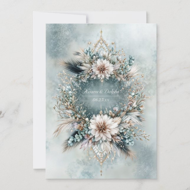Rustic Teal Blue Feather White Floral Wedding Invitation (Front)