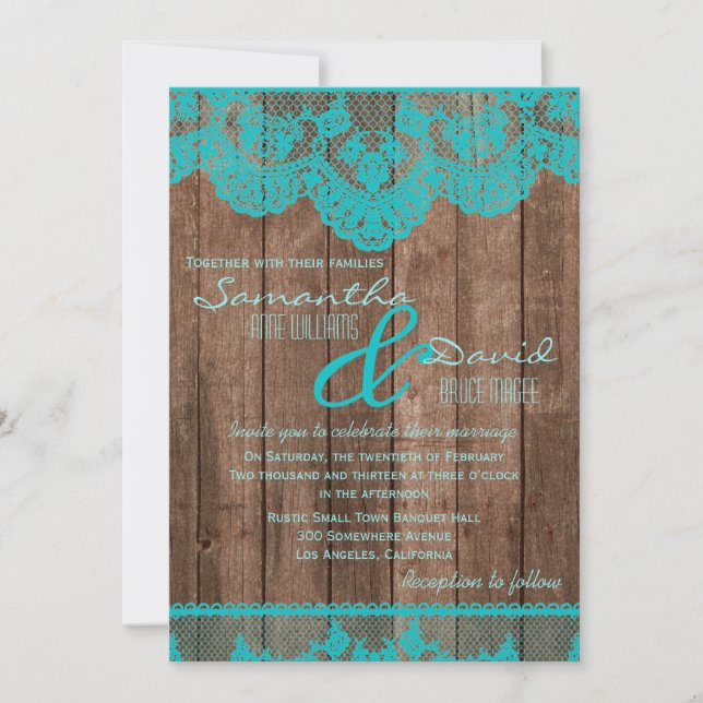 Rustic Teal Blue Lace and Wood Wedding Invitation (Front)