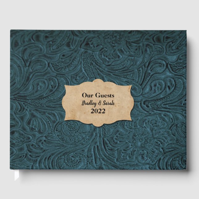 Rustic Teal Blue Leather (Faux) Personalised Guest Book (Front)