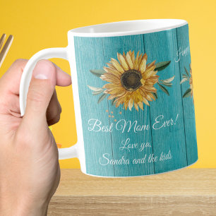 Rustic Teal Blue  Sunflower Best Mum Ever Coffee M Mug
