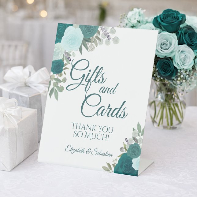 Rustic Teal Boho Chic Floral Gifts & Cards Wedding Pedestal Sign (Creator Uploaded)