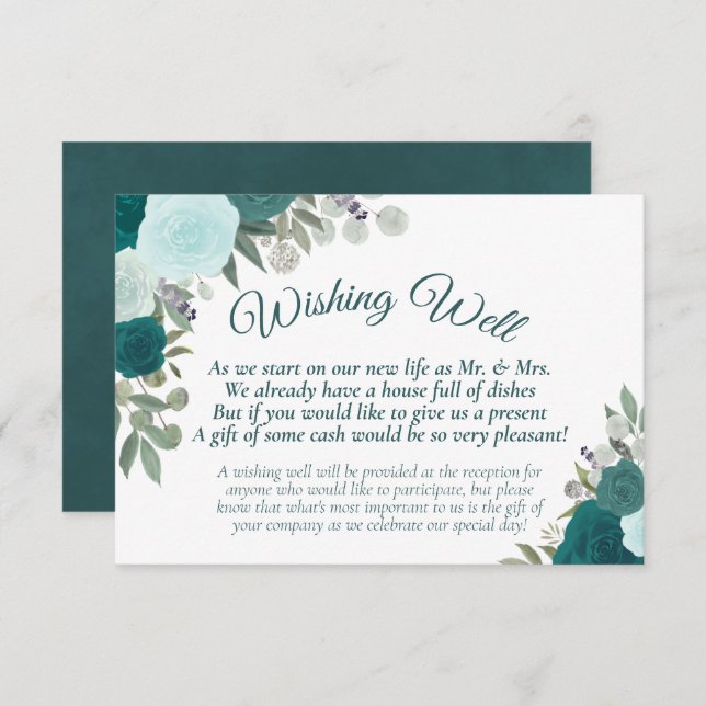 Rustic Teal Boho Floral Wedding Wishing Well Enclosure Card (Front/Back)