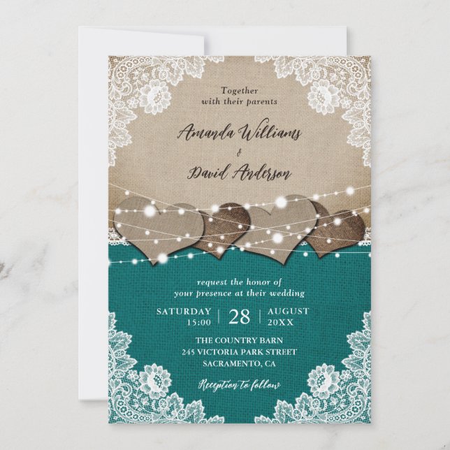Rustic Teal Burlap Lace String Lights Wedding Invitation (Front)