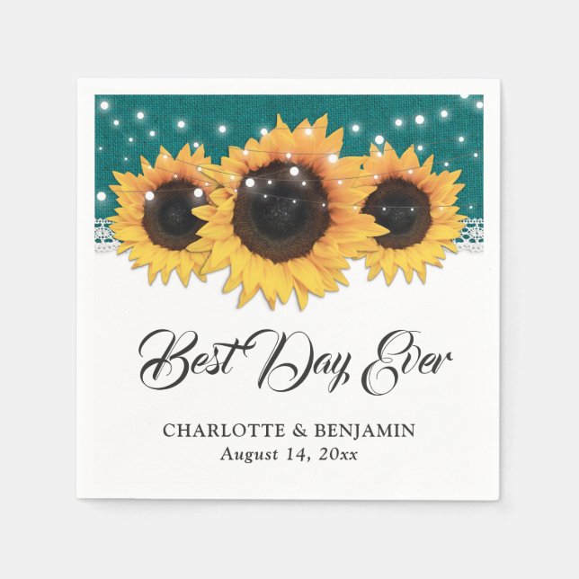 Rustic Teal Burlap Lace Sunflower Wedding Napkin (Front)