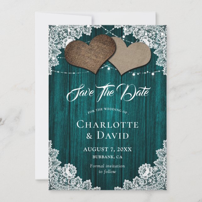 Rustic Teal Burlap Lace Wedding Save The Date Card (Front)