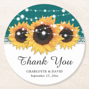 Rustic Teal Burlap Sunflower Wedding Round Paper Coaster