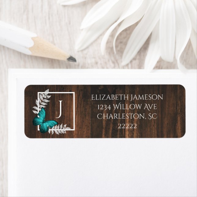 Rustic Teal Butterfly Label Return Address Label (Insitu)