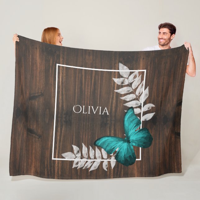 Rustic Teal Butterfly Personalised Fleece Blanket (In Situ)