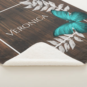 Rustic Teal Butterfly Personalised Sherpa Blanket