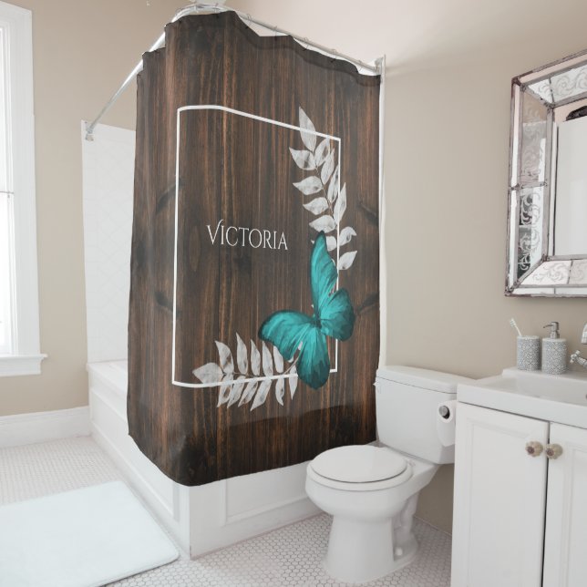 Rustic Teal Butterfly Personalised Shower Curtain (In Situ)