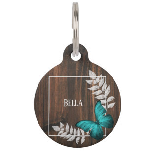 Rustic Teal Butterfly Round Pet Tag
