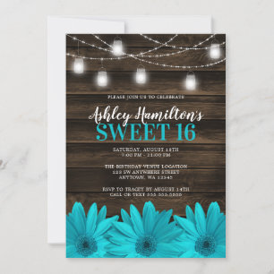 Rustic Teal Daisy Mason Jar Lights Sweet 16 Invitation