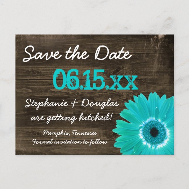 Rustic Teal Daisy Wood Save The Date Postcards (Front)