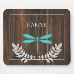Rustic Teal Dragonfly Personalised Mouse Pad