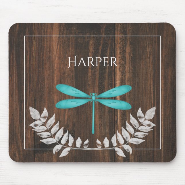 Rustic Teal Dragonfly Personalised Mouse Pad (Front)