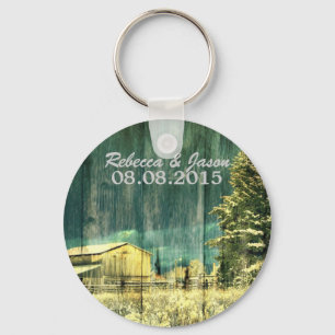 rustic teal evergreen snowy forest winter wedding key ring