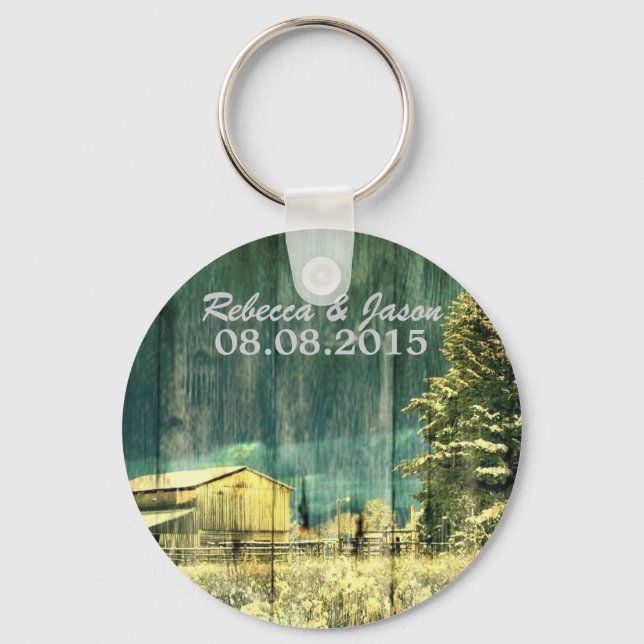 rustic teal evergreen snowy forest winter wedding key ring (Front)