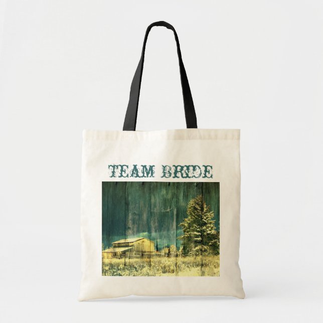 rustic teal evergreen snowy forest winter wedding tote bag (Front)