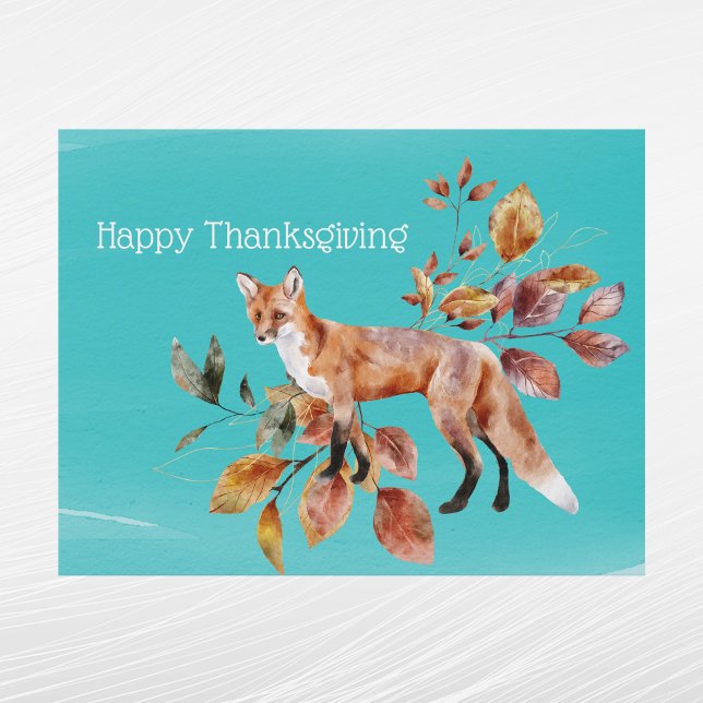 Rustic Teal Fox Autumn Foliage Thanksgiving Holiday Postcard (Creator Uploaded)