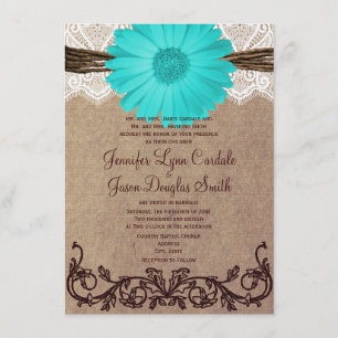 Rustic Teal Gerber Daisy Lace Wedding Invitation