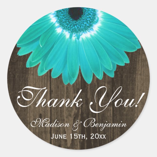 Rustic Teal Gerber Daisy Wedding Thank You Sticker (Front)