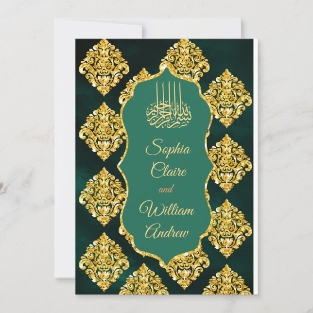 Rustic Teal Gold Damask Ottoman Islamic Wedding  Invitation (Front)