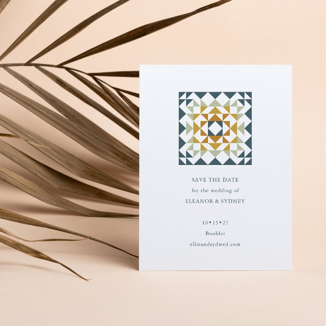 Rustic Teal Green Autumn Geometric Quilt Wedding Save The Date (Creator Uploaded)