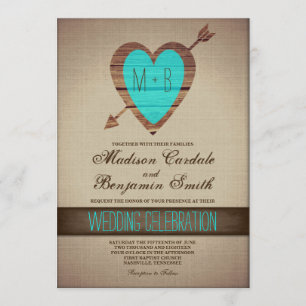 Rustic Teal Heart Arrow Country Wedding Invites