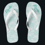 Rustic Teal Lace Bride Thongs<br><div class="desc">These flip flops feature a background of teal lace and darker teal customisable text at the top toe area that reads: Bride.</div>