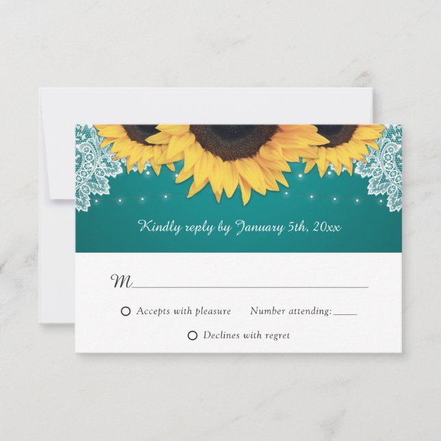 Rustic Teal Lace Sunflower Wedding RSVP Cards (Front)
