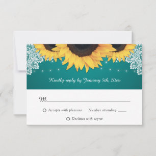 Rustic Teal Lace Sunflower Wedding RSVP Cards