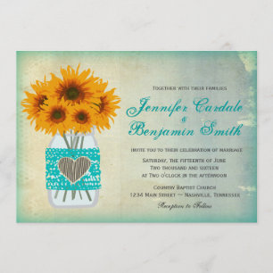 Rustic Teal Mason Jar Sunflower Wedding Invites
