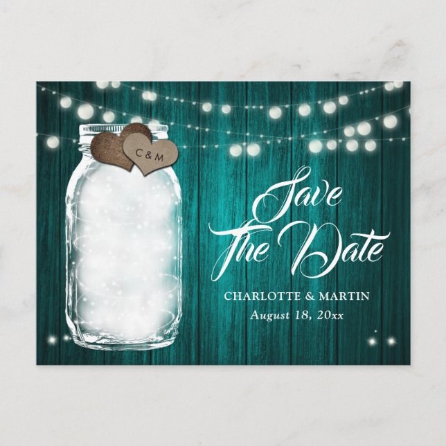 Rustic Teal Mason Jar Wedding Save The Date Announcement Postcard (Front)