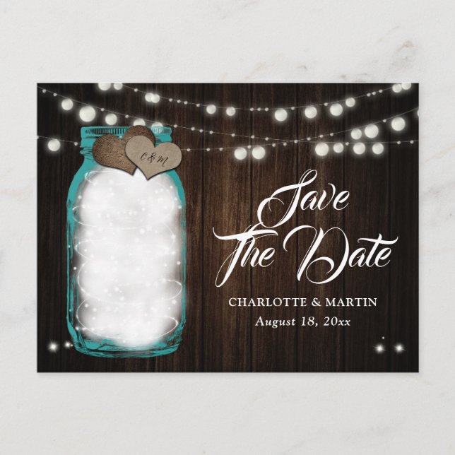 Rustic Teal Mason Jar Wedding Save The Date Announcement Postcard (Front)