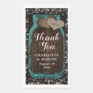 Rustic Teal Mason Jar Wood Thank You Wedding Napkin