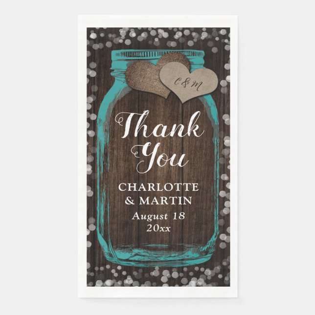 Rustic Teal Mason Jar Wood Thank You Wedding Napkin (Front)