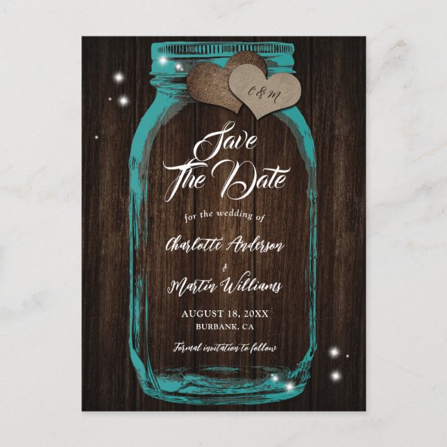 Rustic Teal Mason Jar Wood Wedding Save The Date Announcement Postcard (Front)