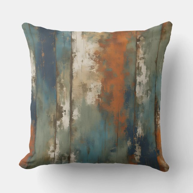 Rustic Teal Orange Beige Farmhouse Stripe Cushion (Front)