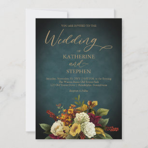 Rustic Teal   Orange   Red Floral Bouquet Wedding Invitation