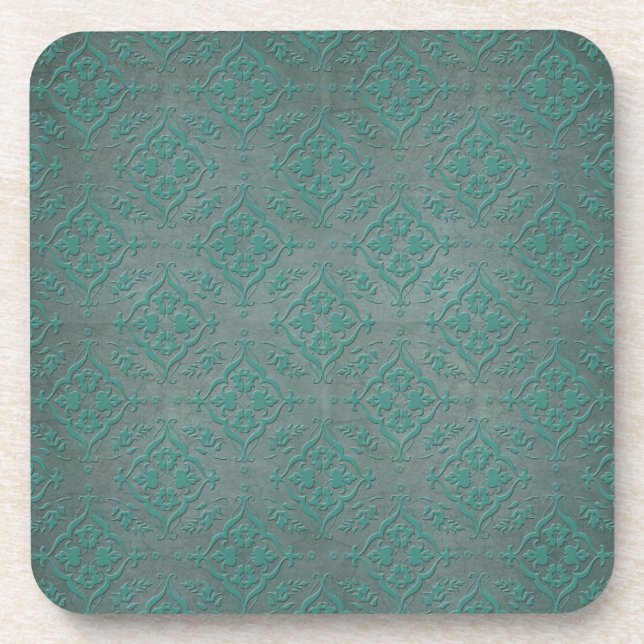 Rustic Teal over Pewter Steel Grey Damask Coaster (Front)