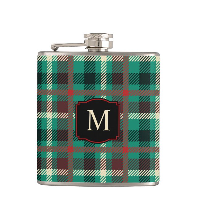 Rustic Teal Plaid Pattern with Monogram Hip Flask (Front)