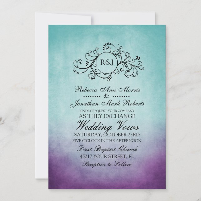 Rustic Teal Purple Bohemian Wedding Invitation (Front)