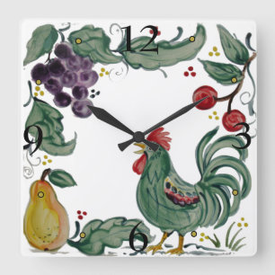 Rustic Teal Rooster Fruit Folk Style Tile Art Square Wall Clock