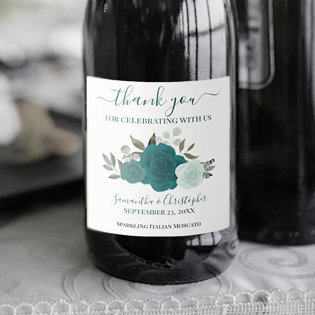 Rustic Teal Roses Elegant Boho Wedding Thank You Sparkling Wine Label (Creator Uploaded)