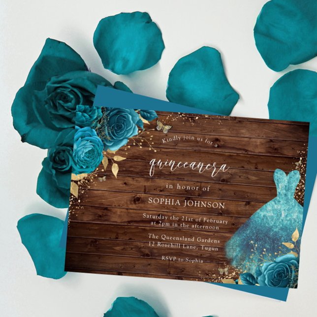 Rustic Teal Sparkle Dress Rose Quinceanera Party Invitation (Creator Uploaded)