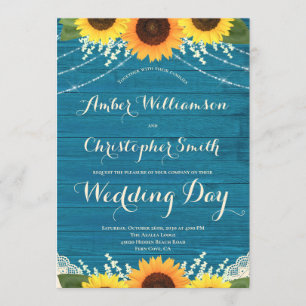 Rustic Teal String Lights Lace Sunflower Wedding Invitation