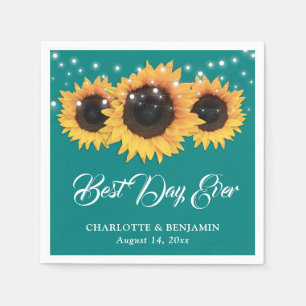 Rustic Teal String Lights Sunflower Wedding Napkin