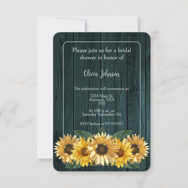 Rustic Teal Sunflower Bridal Shower Invitation (Front)