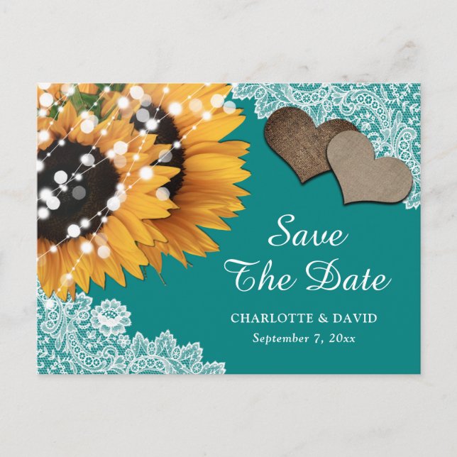 Rustic Teal Sunflower Lace Wedding Save The Date Announcement Postcard (Front)